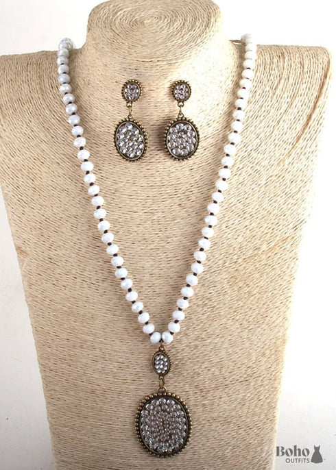 Boho Necklace, Jewelry Set, RH Crystal Black White Glass